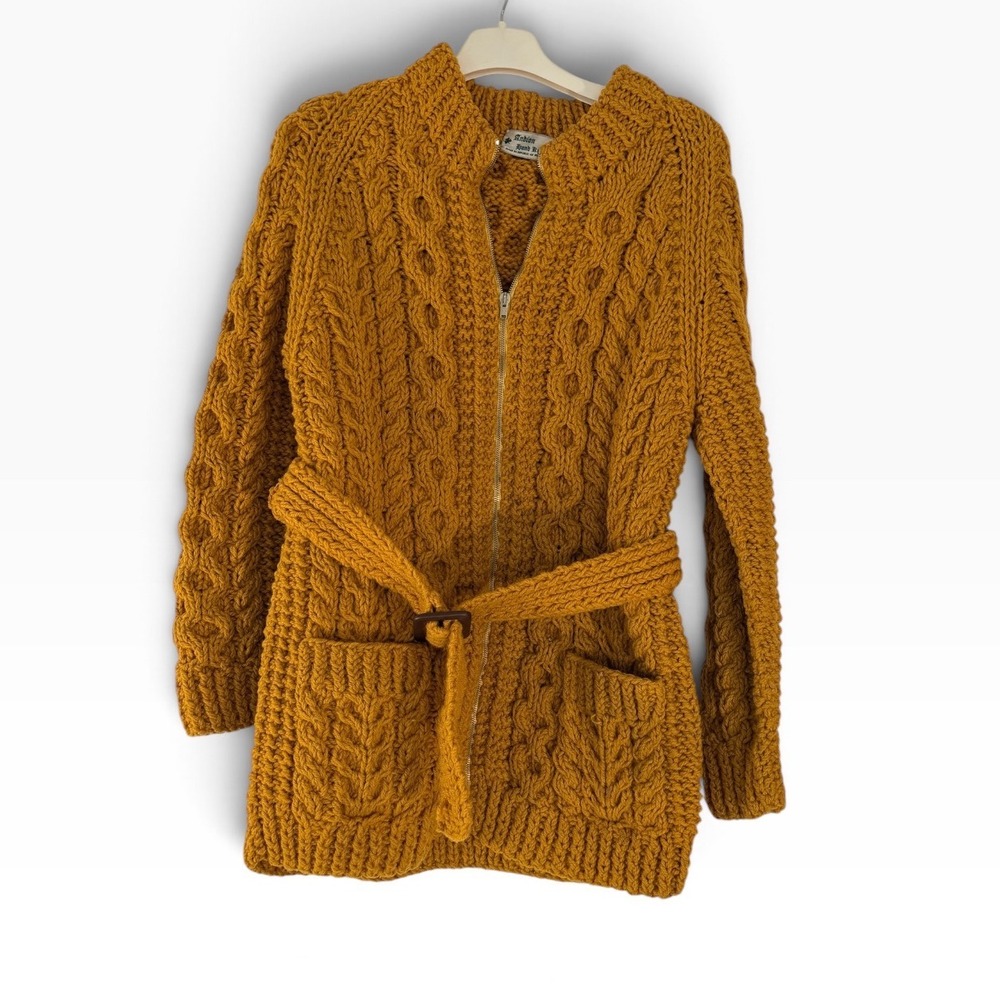 Vtg Anbion Hand Knits Ireland Aran Fisherman Sweater Cardigan Belt Zip Yellow M